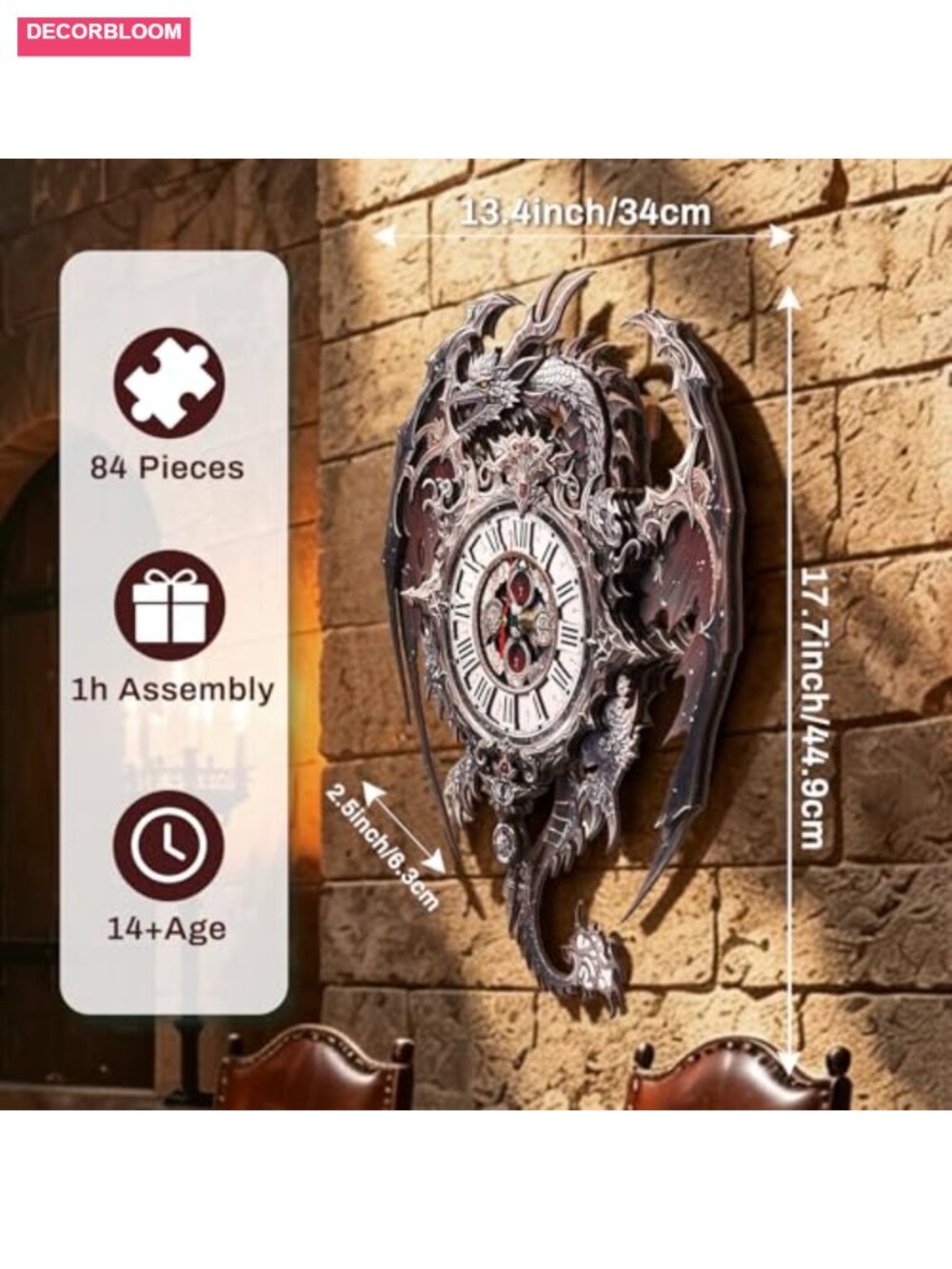 3D Wooden Dragon Clock Puzzle for Adults, Pendulum Wall Decor, STEM DIY Craft - Picture 2 of 4